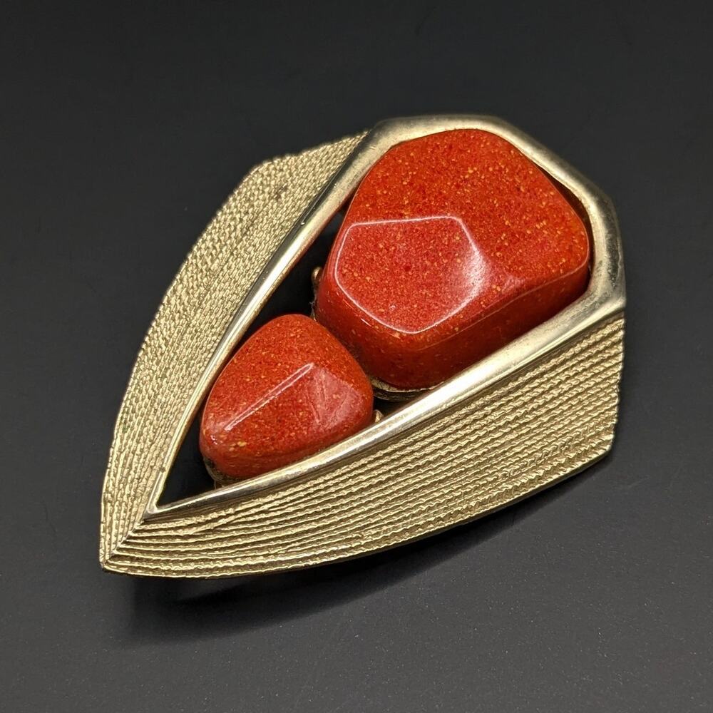 Vintage KRAMER Signed Faux Coral Orange Gold Tone Abstract Geometric Brooch